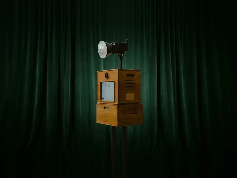 Borne photo en bois à deux caissons superposés, montée sur deux pieds et surmontée d’un flash de studio à réflecteur orientable : objectif, écran tactile allumé et grilles d’aération sur le flanc. Visuel de présentation, devant un fond de velours vert sombre.
