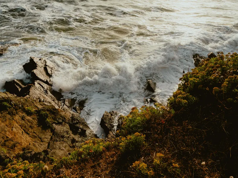Une vague se brise sur des rochers bordés de végétation, sur la côte du Finistère.