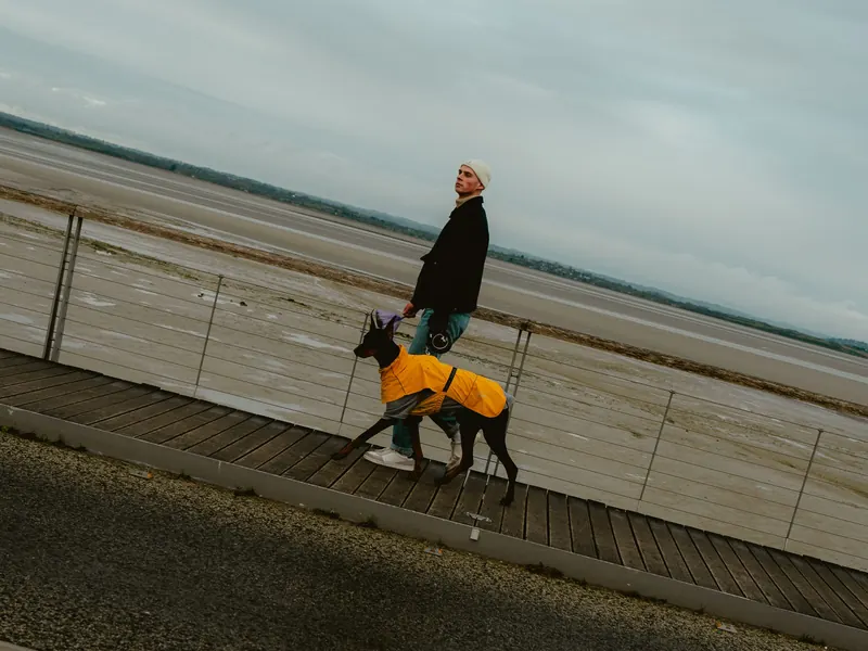 Un homme en bonnet clair promène un chien noir en manteau jaune sur la passerelle ; derrière eux, la baie et son sable sous un ciel gris.
